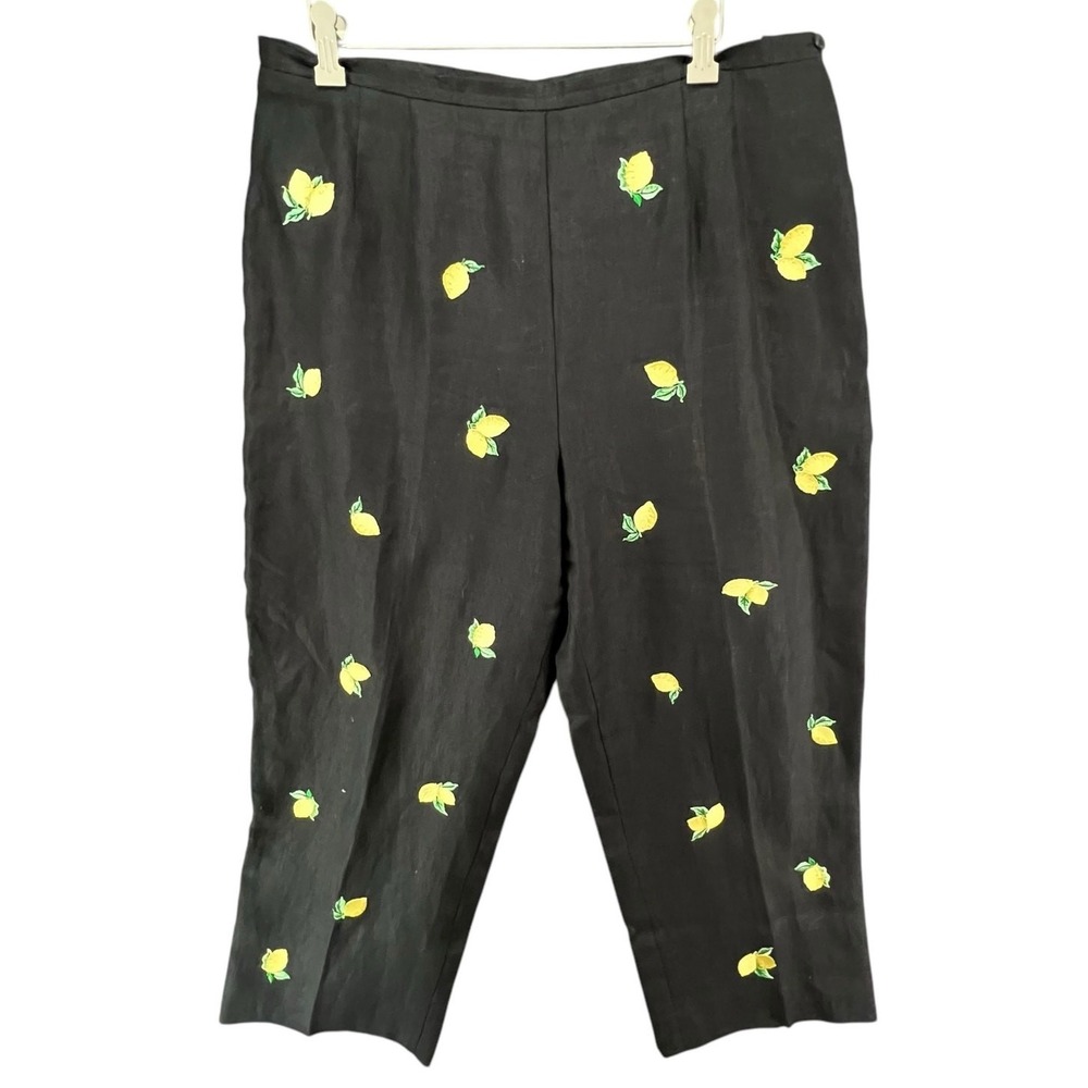 Vintage Talbots Irish Linen Crop Pants Black Lemon Fruit Embroidered Size 16